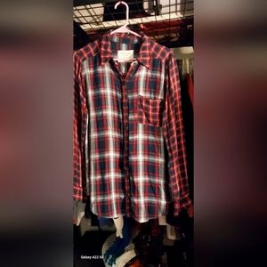 A&F Women's Red/Blue Long Button Down Double Plaid Flannel